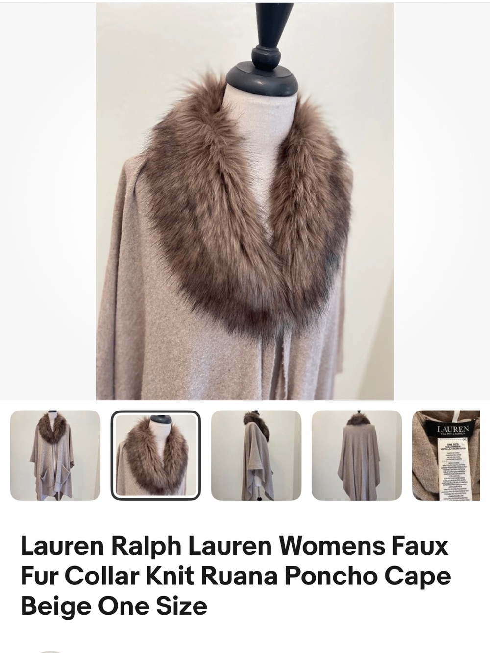 Lauren Ralph Lauren Taupe Knit Ruana with Faux Fur Collar
